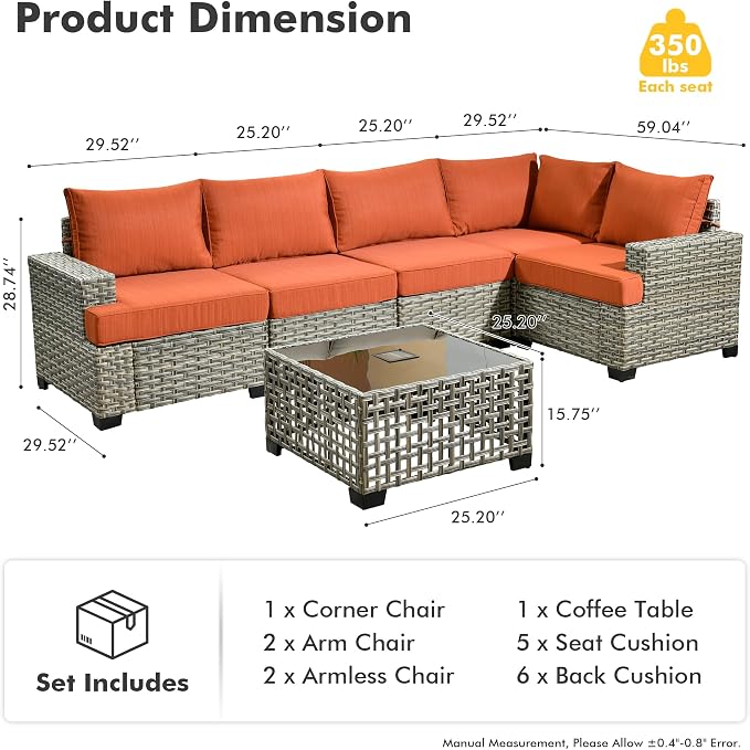 HOOOWOOO Sectional Patio Furniture Set with Solar Light Table,6 Pieces Wicker Outdoor Furniture L Shaped Couch,Outside Conversation Set with Extra Deep Seat Sofa Wide Arm,Brick Red