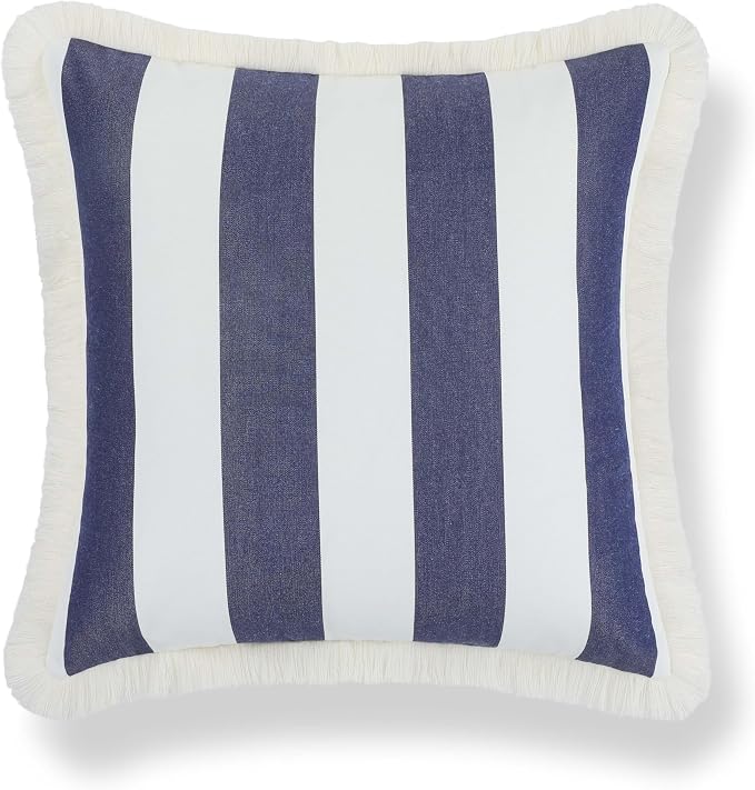 Hofdeco Premium Coastal Hampton Outdoor Performance Throw Pillow Cover Only, 20"x20" Water Repellent, UV and Fade Resistant for Backyard, Couch, Poolside, Indigo Blue Woven Beach Stripes