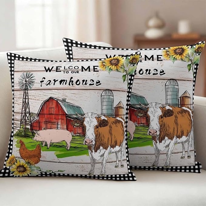 Outdoor Waterproof Pillow Covers 18x18Inch Farmhouse Animal Barn Chicken Pig Cow Throw Pillowcases for Patio Garden Couch Sofa Retro Wood Grain Farm Scene Decorative Cushin Case,Pack of 2