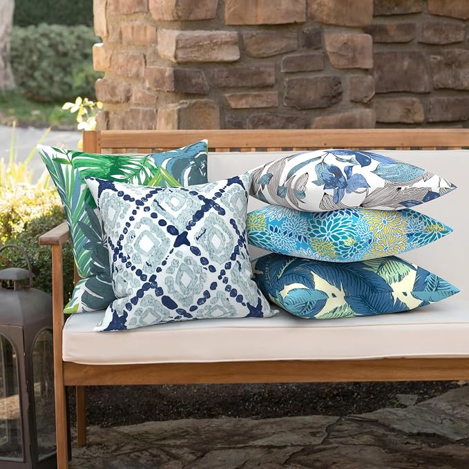 Outdoor/Indoor Throw Pillow Covers Set of 2, All Weather Square Pillow Cases 16x16 Inch, Patio Cushion Pillow of Home Furniture Use, Boho Geometry Blue