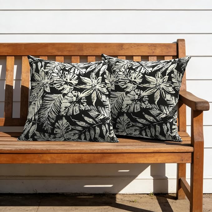 Outdoor Pillow Covers Waterproof 20x20 Inch Set of 2 Tropical Leaf Black Decorative Outside Patio Furniture Cushion Cases Decor for Porch Garden