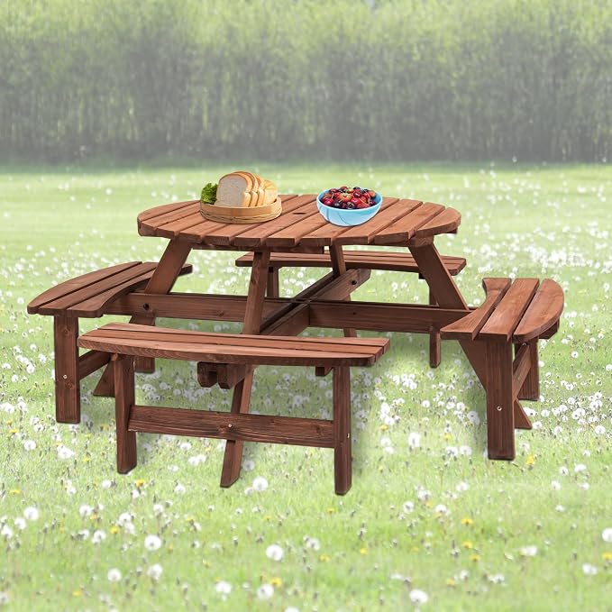 8 Person Outdoor Picnic Table with 4 Built-in Benches Round Wood Picnic Table with Umbrella Hole, Outside Picnic Tables and Bench Set for Garden,Patio, Backyard,2220LBS Total Capacity,Walnut Brown