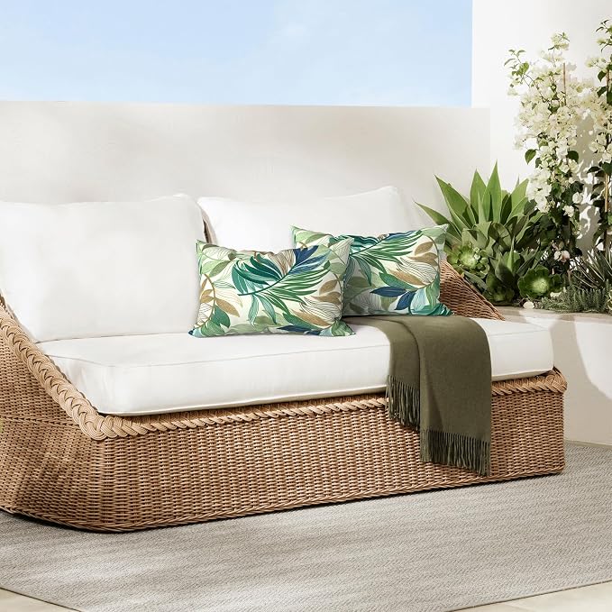 DYTXIII Pack of 2 Outdoor Waterproof Lumbar Pillow Covers ONLY, 12x20 Rectangle Decorative Double Printed Pillow Cases for Patio Couch Porch Furniture - Lush Leaf Green