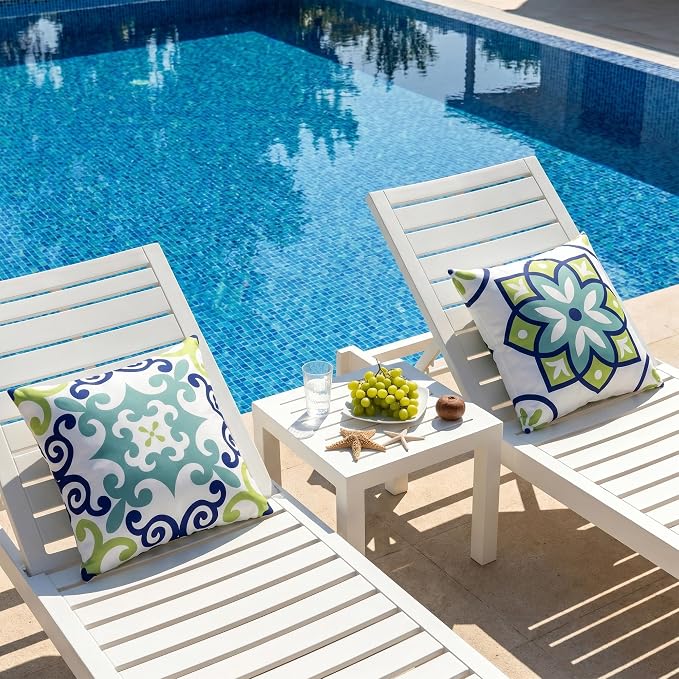 Outdoor Pillow Covers 18x18 Set of 4, Blue Green Morden Geometric Pattern Waterproof Throw Pillow Cover, Decorative Boho Farmhouse Cushion Cases for Summer Patio Funiture Garden Bench Couch