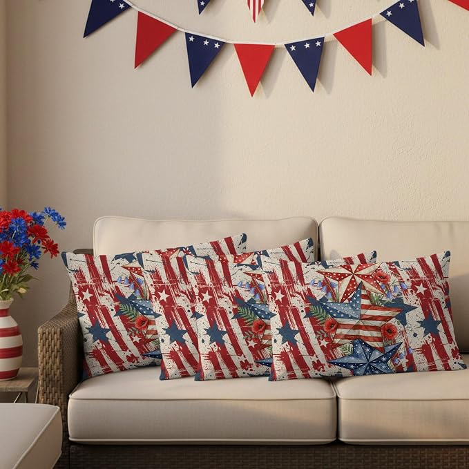 Independence Day Outdoor Pillow Covers 20"x12" Set of 2, Retro American Flag Star Red Flower Abstract Country Waterproof Throw Pillow Covers for Patio Furniture, Decorative Cushion Covers for Porch