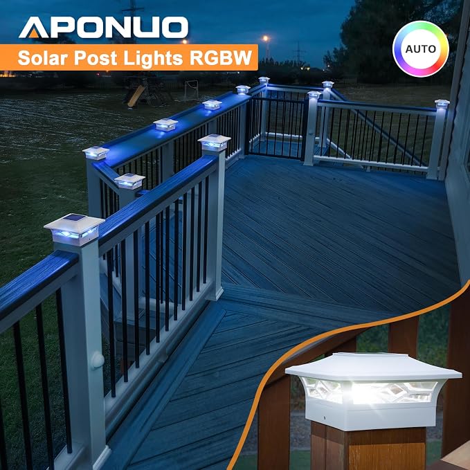 APONUO Solar Post Cap Lights with 8 RGB Colors and Multicolor Flow, Ultra-Bright Clear Lens, IP65 Waterproof for 4x4 5x5 6x6 Wood & Vinyl Fence Posts, 8 Pack White