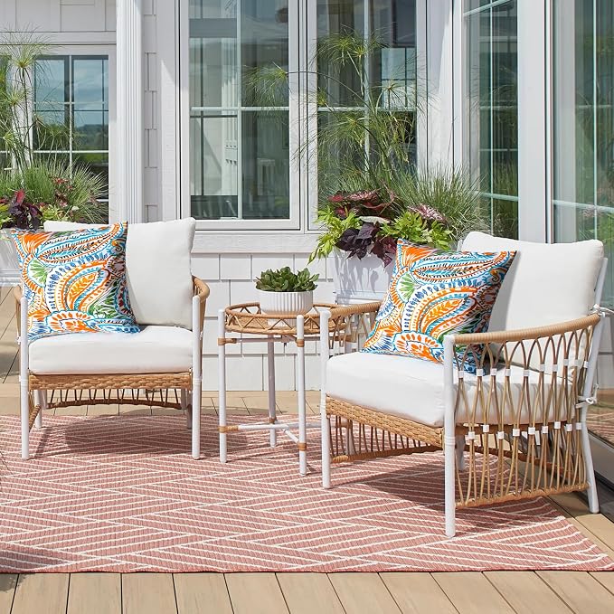 2 Pack Waterproof Outdoor Pillows, 18x18 Outdoor Throw Pillows | Patio Furniture Pillows, Fluffy Decorative Pillows, Waterproof &Fade Resistant, Removable & Washable, Paisley Multi Orange
