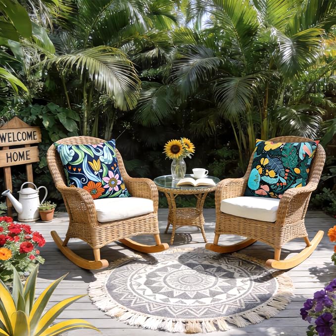 Outdoor Pillow Covers Waterproof Cushion Covers Patio Pillows Case 2 Pack | 18x18inch,Printed Boho Flowers,Seamless,Hidden Zipper,Machine Washable,Perfect decoration for Porch,Patio,Balcony