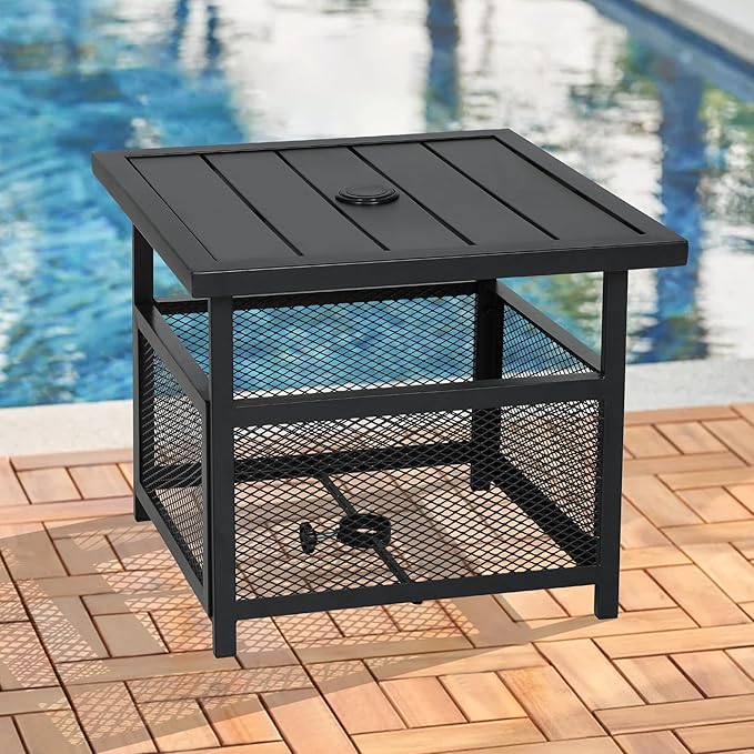 Crownland Outdoor Bistro Patio Square Side Table with 1.57 inches Umbrella Hole for Garden, Swimming Pool, Backyard, Black