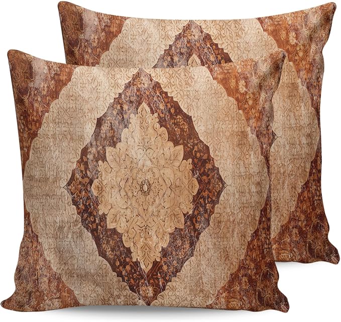 Outdoor Waterproof Pillow Covers Set of 2, Meddle Century Vintage Carpet Mural Pattern Brown Patio Throw Pillow Covers, Decorative Cushion Case for Couch Sofa Furniture Garden, 20x20 Inch