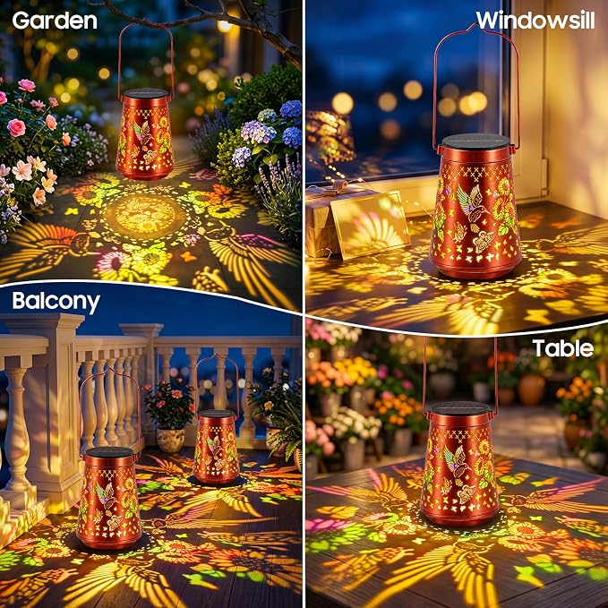 2 Pack Solar Lanterns Outdoor Waterproof Birthday Gifts for Women Mom | Colorful Hollow Metal Sunflowers Butterflies Hummingbirds Lantern, 2 Modes Hanging Solar Lights for Gardens, Patios Decor