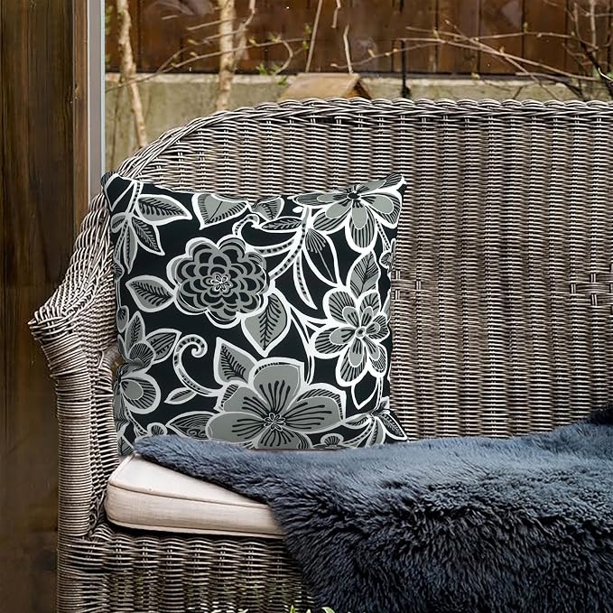 Outdoor Pillows for Patio Furniture 18x18 inch, Square Outdoor Throw Pillows with Inserts, Decorative Toss Pillows for Garden Couch Home Sofa Office Chair, Pack of 2,Flower Black