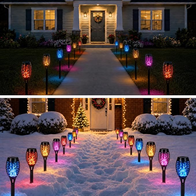 8 Pack Solar Lights Outdoor, Multicolor Flickering Flame Torches | Multicolor Flickering Flame, Long Nighttime Glow, Auto-On at Dusk, IP65 Weather-Resistant, Tool-Free Ground Setup