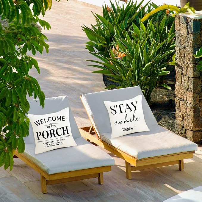 Welcome to Our Porch Stay Awhile Waterproof Outdoor Pillow Covers 18x18 Set of 2 Farmhouse Patio Furniture Decorations for Outside Garden Decor