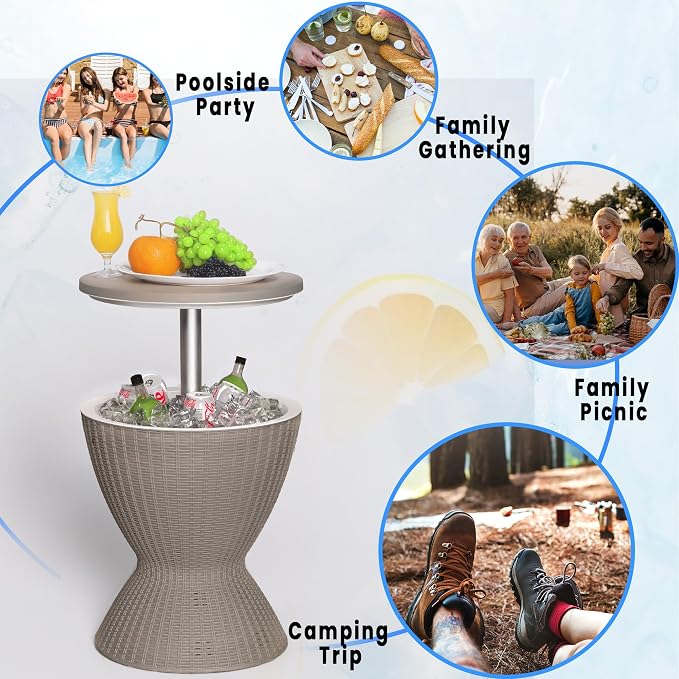 Outdoor Cool Bar Table 8 Gallon Portable Cooler Side Table,3-in-1 Cocktail Coffee Table Rattan Style,Sturdy, Waterproof & UV Resistant,Easy to Assemble & Clean for Indoor & Outdoor Use(Grey)