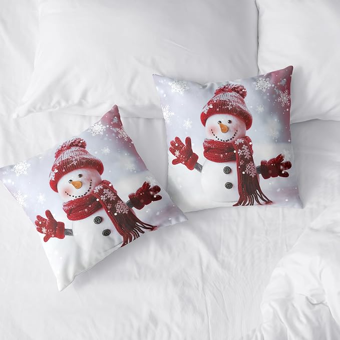 Christmas Winter Holiday Throw Pillow Covers Snowman Pillow Covers 18X18 Set of 2 Red Snowman with Snowflake Cushion Case for Couch Living Room Bedroom Sofa