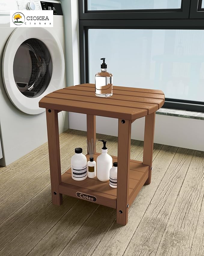 Ciokea Adirondack Outdoor Side Table, 2-Tier Sturdy Patio End Table Weather Resistant, Morden Side Table for Patio, Pool, Porch, Teak