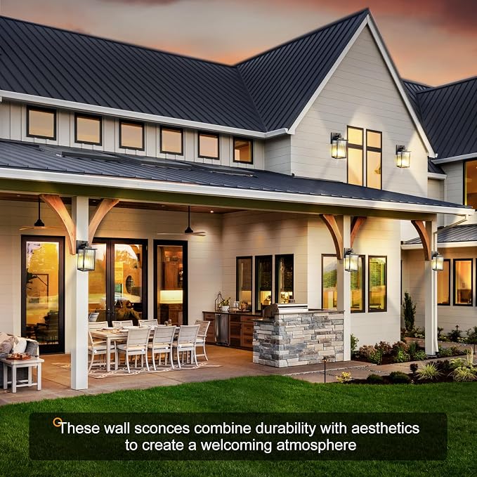 Black Brush Gold Dusk to Dawn Wall Mount Porch Lights | Auto On and Off, Anti-Rust Metal Frame, Tempered Glass, E26 Socket, Easy DIY Install on Porch, Garage
