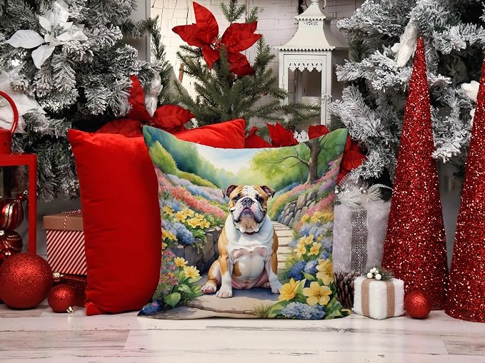 Caroline's Treasures English Bulldog Spring Path Throw Pillow Machine Washable, Indoor Outdoor Decorative Pillow for Couch, Bed or Patio, 14Hx14W