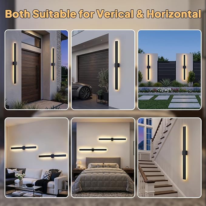 2 Pack LED Outdoor Wall Lights, 3CCT & 10%-100% Dimmable, 57.4" Linear Exterior Light Fixtures, IP65 Waterproof Outside Sconces for Porch Patio Garage House Facade