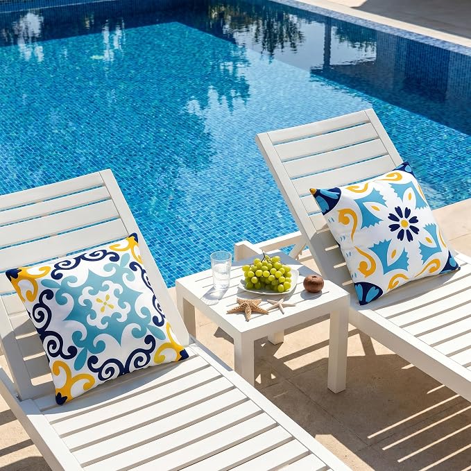 Outdoor Waterproof Throw Pillow Covers 18x18 Set of 4, Blue Yellow Morden Geometric Pattern Decorative Pillow Cover, Boho Farmhouse Cushion Cases for Summer Patio Funiture Garden Bench Couch