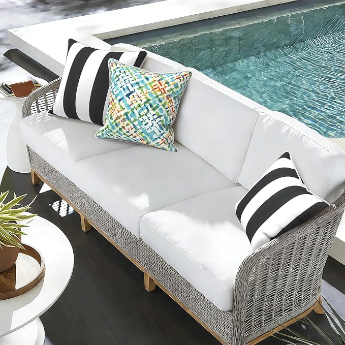 Outdoor Throw Pillow Covers Pack of 2, Decorative Water Repellent Square Pillow Cases with Piping 18x18 Inch, Cabana Black