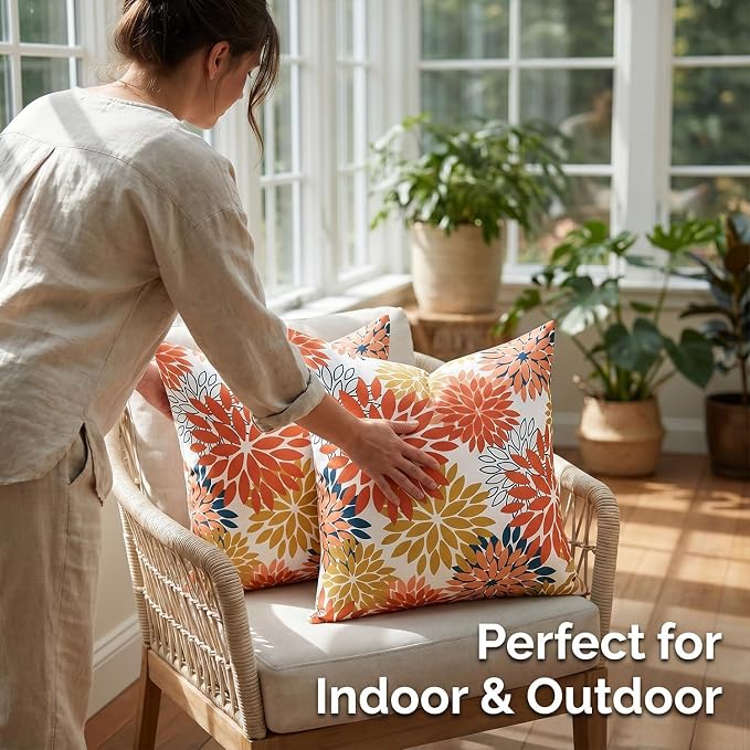 Decorative Throw Pillow Covers 20x20 Inches Set of 2 Outdoor Waterproof Pillow Covers Orange and Yellow Dahlia Square Pillowcases Spring Summer Cushion Covers for Inside and Outdoor