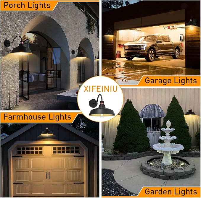 14.5" Dome Gooseneck Barn Light, Outdoor Anti-Rust&Waterproof Farmhouse Wall Sconce, Outdoor Wall Lanterns for Porch/Patio, E26 Base 100W Max(Black 2-Pack Motion Sensor Outdoor Lights)