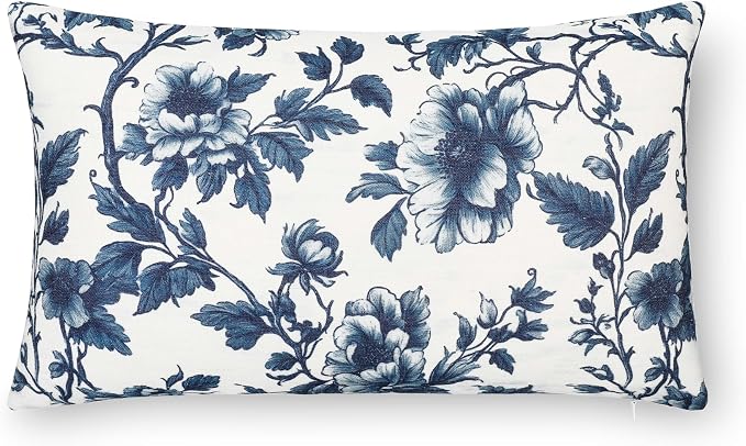 California Casual Coastal Indoor Outdoor Lumbar Pillow Cover, 12"x20" Water Repellent for Patio, Backyard, Couch, Poolside, Dark Navy Print Vintage Chinoiserie Floral