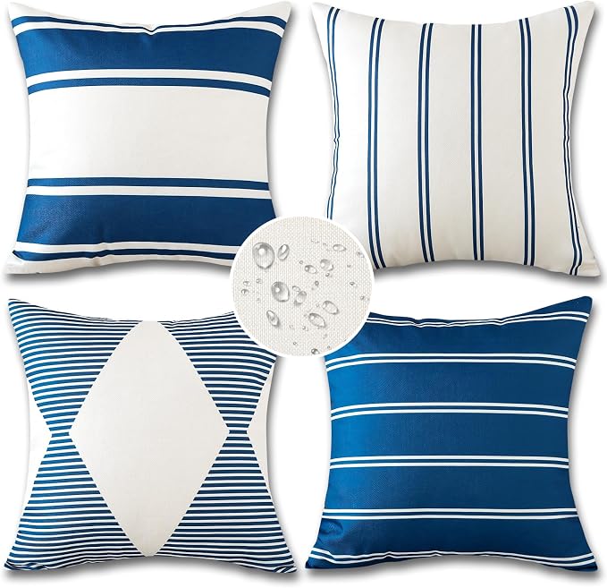OTOSTAR Decorative Outdoor Throw Pillow Covers 16x16 Inch Waterproof Geometry Pillow Cover Garden Cushion Case Patio Outdoor Pillows Shell for Couch Indoor Tent Furniture Balcony Set of 4 (Navy Blue)
