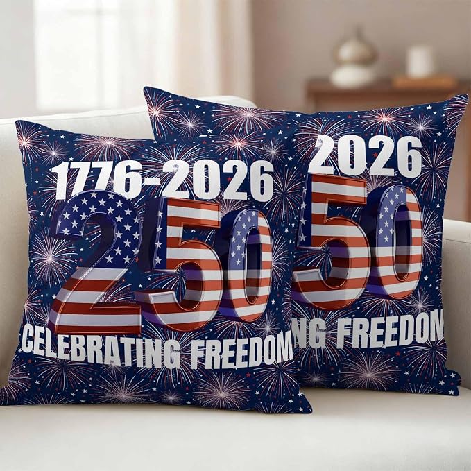 250 Anniversary USA Flag Outdoor Pillow Covers 18x18 Inch Throw Pillow Covers Set of 2 Waterproof Decorative Pillow Cases Blue American Flag 250 Fireworks Cushion Covers for Patio Furniture Garden