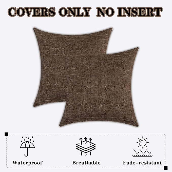 Kevin Textile Outdoor Waterproof 26”x26” Pillow Covers 2 Pack, Brown | Water Resistant, Soft Faux Linen-cotton Yarn-dyed Woven Texture Throw Pillow Covers for Tent Patio Garden Couch Sofa