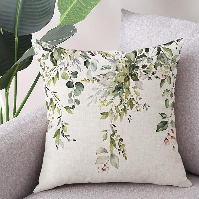 Outdoor Waterproof Throw Pillow Covers 18X18 Inch Set of 2 Spring Sage Green Pillow Covers Watercolor Eucalyptus Leaves Decorative Cushion Covers for Couch Garden Tent Balcony