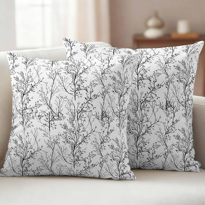 Black White Branches Waterproof Outdoor Pillow Covers Set of 2 Home Decor, Abstract Art Leaves Plant Pillowcase Patio Pillow Covers for Couch Bench Patio Furniture Garden 26x26in