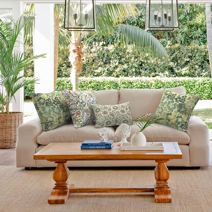 Outdoor 20x20 Inch Throw Pillows with Inners, Square Pillows Decorative Set of 2 for Home Garden Furniture, Green Rose