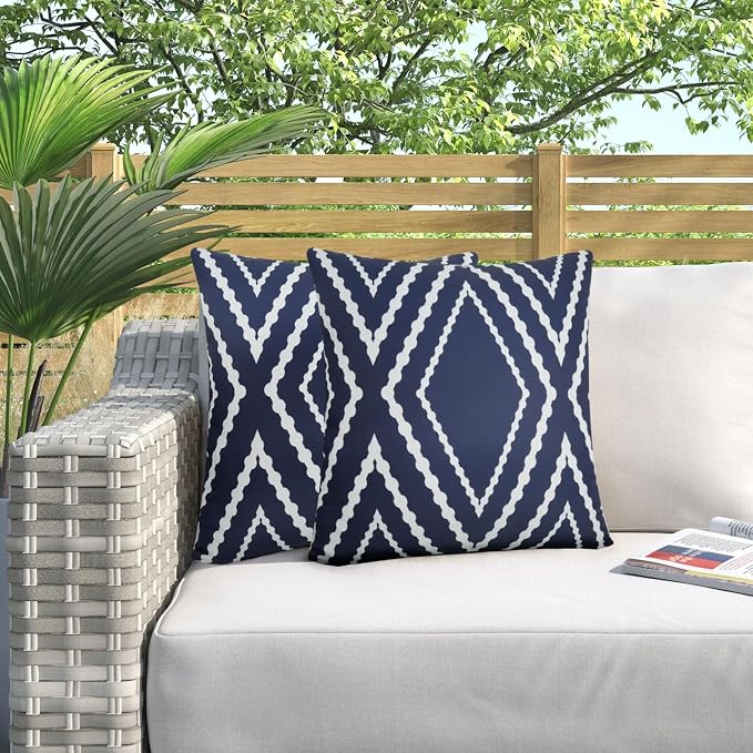 Adabana Outdoor Waterproof Pillow Covers 20x20 Navy Blue | Geometric Decorative Throw Pillow Covers Set of 2 for Patio, Garden, Porch, Farmhouse