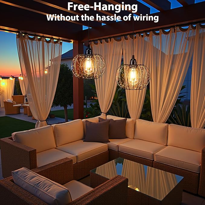 Battery Operated Hanging Chandelier Outdoor, Set of 2 with Remote, No Wiring, Boho Copper Wire Beaded Pendant Light, IP55 Weatherproof, Dimmable Timer, for Gazebo Pergola Porch Patio Decor