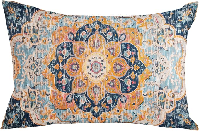 Outdoor Waterproof Pillow Covers Set of 2, Meddle Century Vintage Blue Carpet Mural Pattern Patio Throw Pillow Covers, Decorative Cushion Case for Couch Sofa Furniture Garden, 20x12 Inch