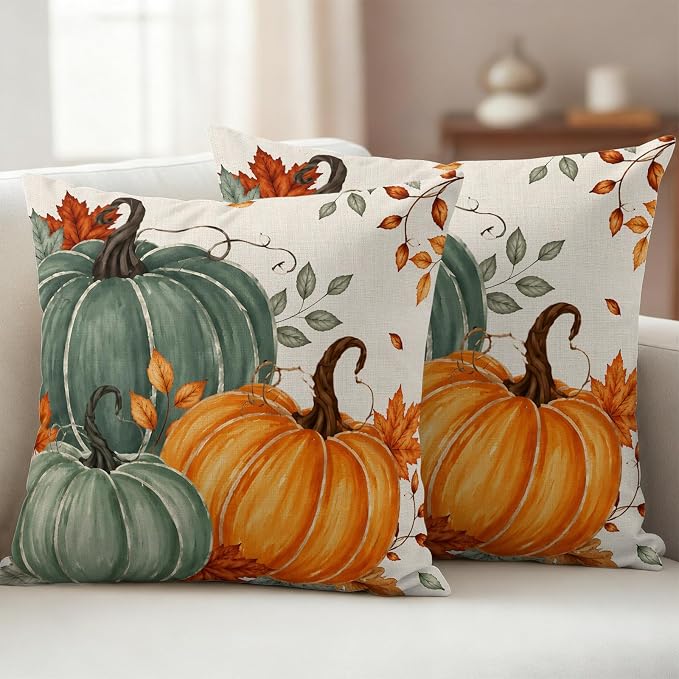 Green Orange Fall Waterproof Outdoor Pillow Covers 16''x16'' Set of 2, Maple Leaves Thanksgiving Patio Furniture Cushion Covers for Chairs,Decorative Farmhouse Beige Pillow Cases for Garden/Pool/Beach