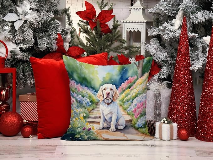 Caroline's Treasures Clumber Spaniel Spring Path Throw Pillow Machine Washable, Indoor Outdoor Decorative Pillow for Couch, Bed or Patio, 14Hx14W