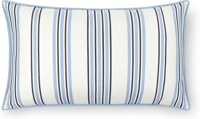 Hofdeco Premium Coastal Hampton Outdoor Performance Lumbar Pillow Cover Only, 12"x20" Water Repellent, UV and Fade Resistant for Backyard, Couch, Poolside, Azure Blue Indigo Woven Bayside Stripes