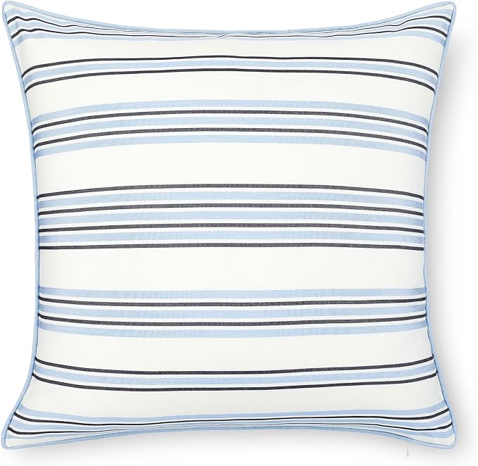 Hofdeco Premium Coastal Hampton Outdoor Performance Throw Pillow Cover Only, 20"x20" Water Repellent, UV and Fade Resistant for Backyard, Couch, Poolside, Azure Blue Indigo Woven Bayside Stripes