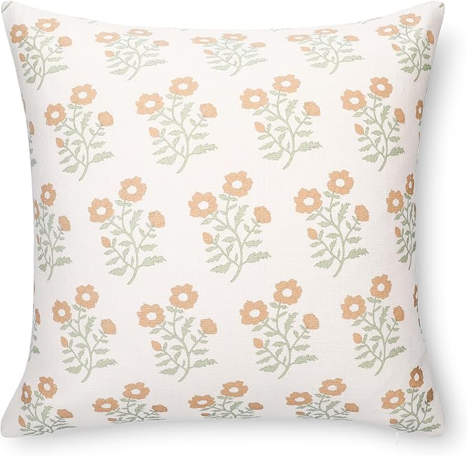 Modern Farmhouse California Casual Indoor Outdoor Throw Pillow Cover, 20"x20" Water Repellent for Patio, Backyard, Couch, Poolside, Ivory Cream Tan Green Print Block Painting Flowers