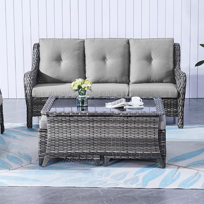 Belord Outdoor Coffee Table with Tempered Glass Top, Patio Rectangular Mixed Grey Wicker, Handwoven Rattan Coffee Table Compatible with Patio Furniture Sets for Porch Deck Backyard