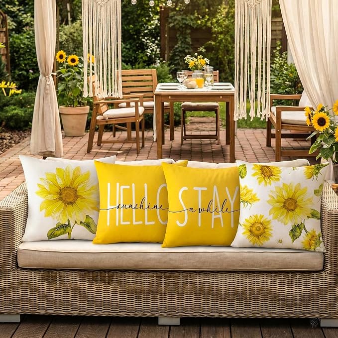 Sunflower Decor Yellow Outdoor Pillow Covers 18x18 for Patio Furniture | Summer Sunflower Decor, Waterproof, Mustard Yellow Floral, Set of 4, Farmhouse Pillow Covers, Porch, Outdoor Patio Furniture