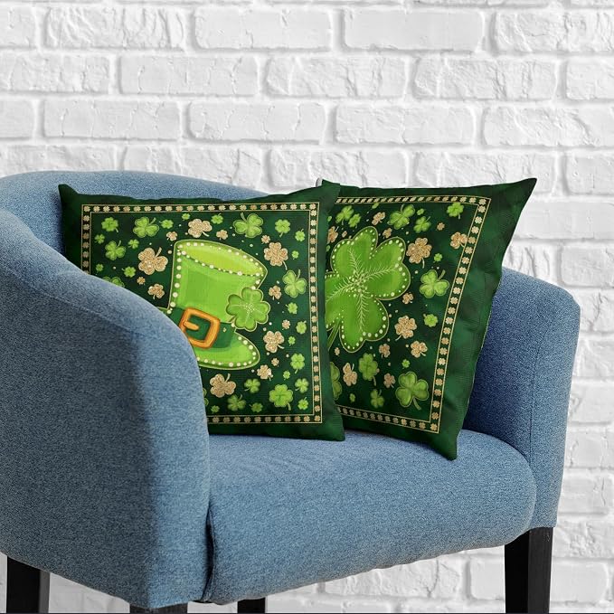 St Patricks Day Throw Pillow Covers Gold Green Lucky Shamrock Pillow Covers 18x18 Set of 2 Lucky Charm Clover Hat Outdoor Pillowcases for Spring March Holiday Home Decor