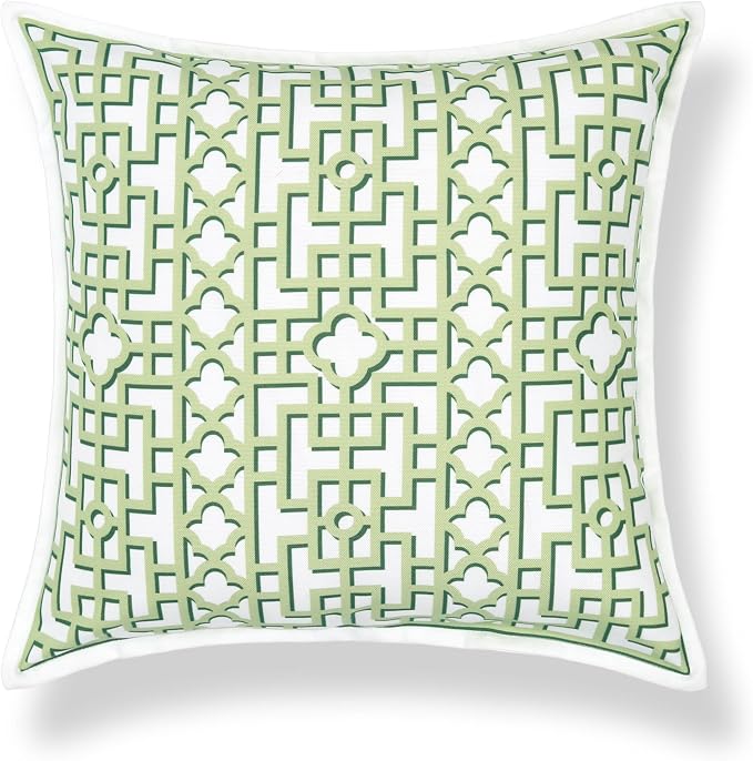 Hofdeco Premium Grandmillennial Coastal Hampton Patio Indoor Outdoor Throw Pillow Cover Only, 20"x20" Water Repellent for Backyard, Couch, Poolside, Grass Green Print Fretwork Trellised Screen