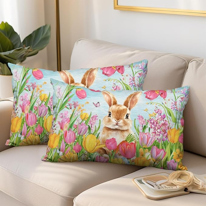 Easter Bunny Lumbar Pillow Covers 12x20 Set of 2 Lovely Rabbit with Tulip Throw Pillow Covers Spring Pillow Case Floral Cotton Blend Cushion Case for Easter Decor Sofa Patio Garden