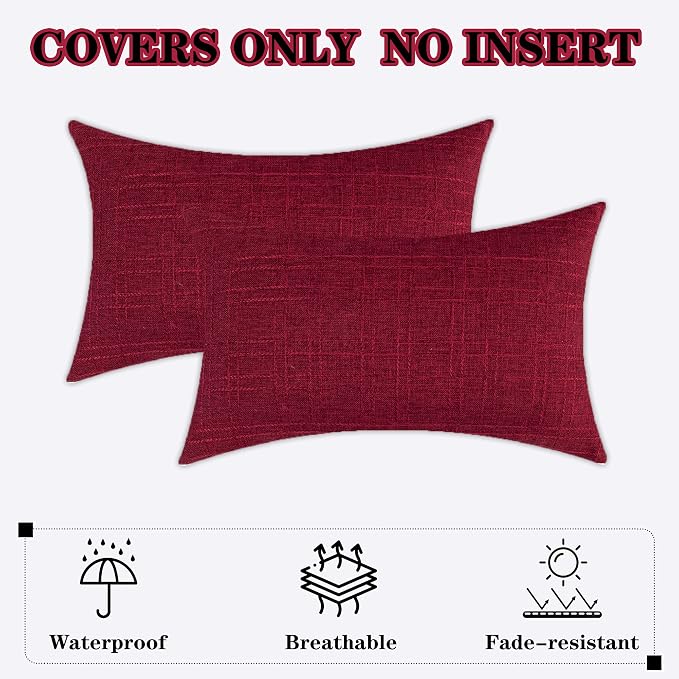Kevin Textile Outdoor Waterproof 12”x24” Lumbar Pillow Covers 2 Pack, Red | Water Resistant, Soft Faux Linen-cotton Yarn-dyed Woven Texture Throw Pillow Covers for Tent Patio Garden Couch Sofa
