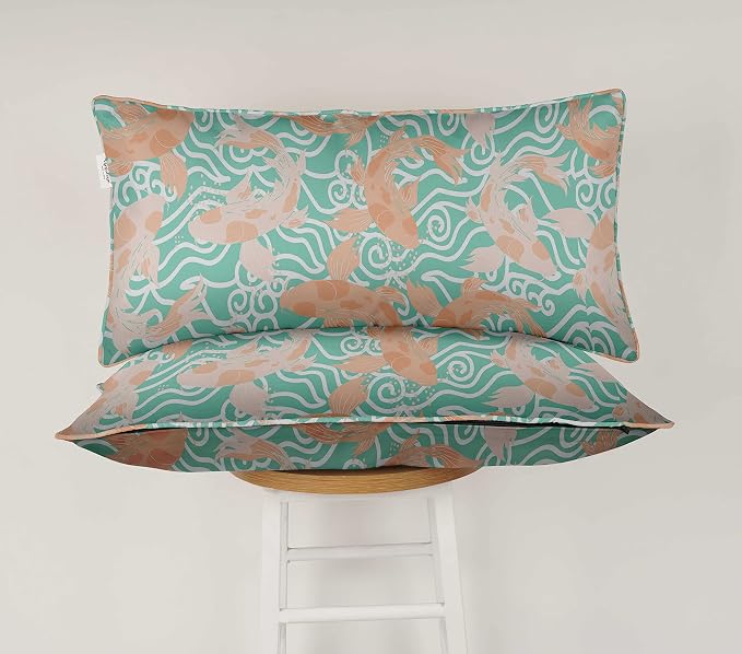 Indoor/Outdoor Polyester Fabric Lumbar Pillow Cover, All-Weather Waterproof Rectangular Cushion Case for Patio Furniture, 12 x 24 Set of 2 - Fish-45